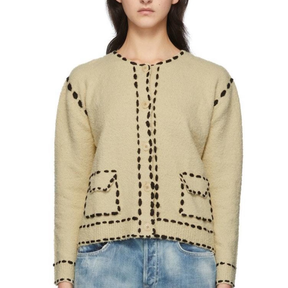 THE OPEN PRODUCT Women's Soft Stitch Cardigan‎ Beige Textured Black Accents O/S
